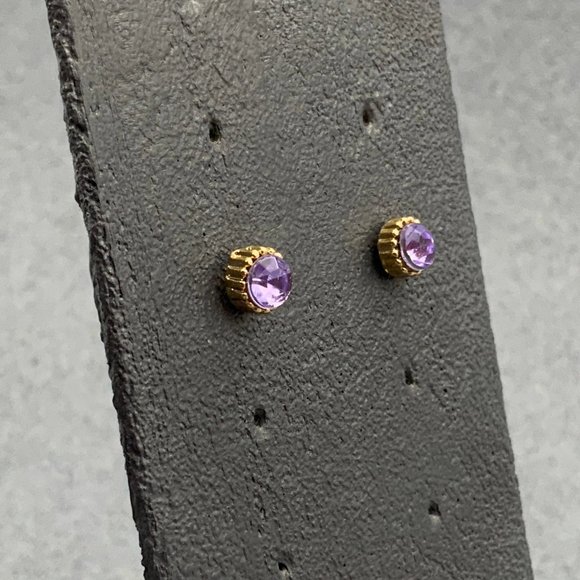 Purple Rhinestone Gold Earrings Pierced Fluted Round - Picture 2 of 3